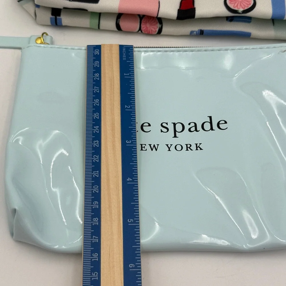 Kate Spade x Clinique Makeup Bag Set Blue Patent & Cosmetic Print 2 Piece Pouch
